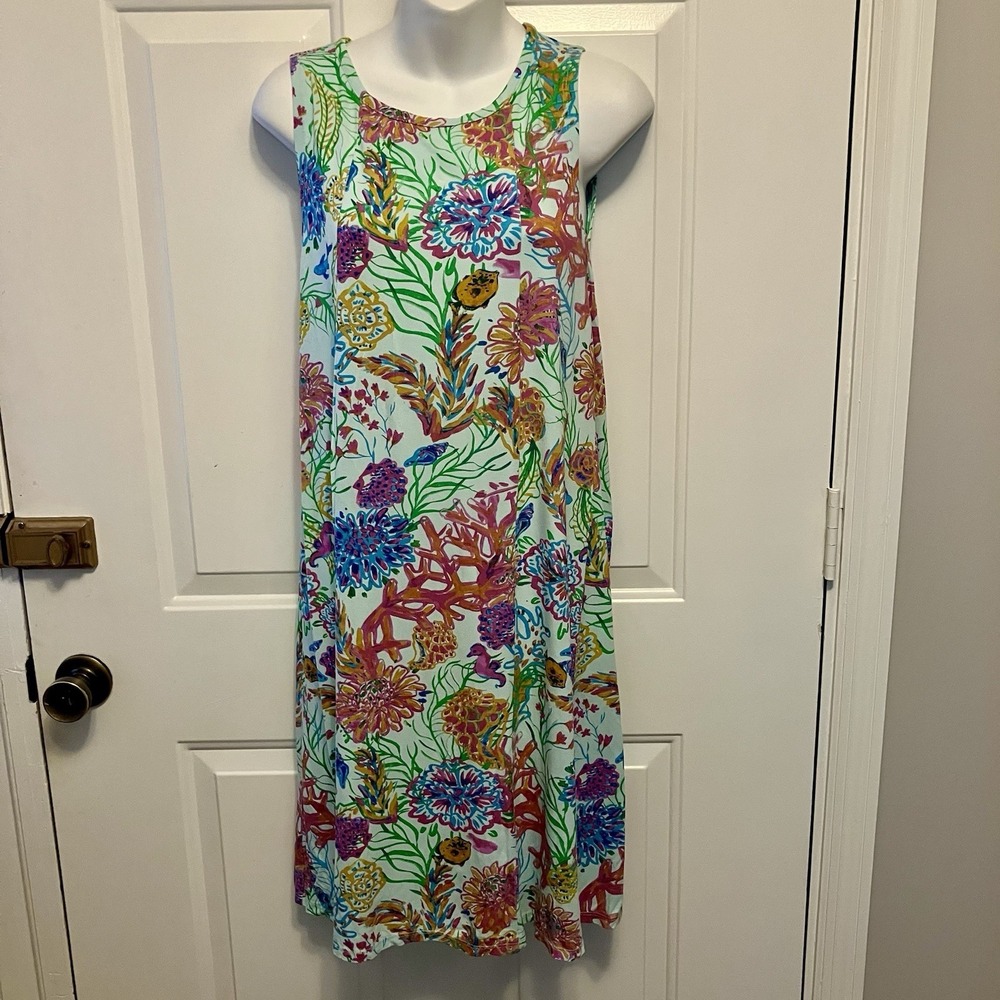 Fresh Produce‎ Sz XS/Small Aqua Blue Green Floral Midi Dress Round Neck Women's